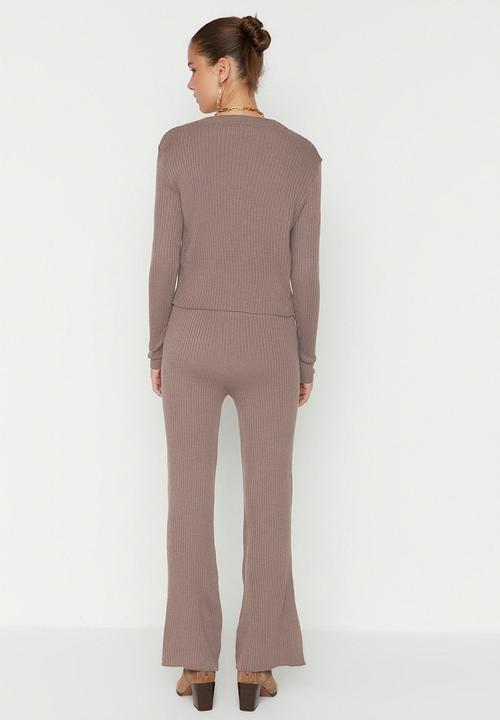 Trendyol - Fitillli Blouse Cardigan Pants Knitwear Bottom-Top Set  - Mink