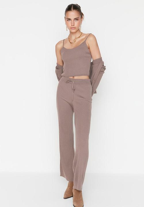 Trendyol - Fitillli Blouse Cardigan Pants Knitwear Bottom-Top Set  - Mink