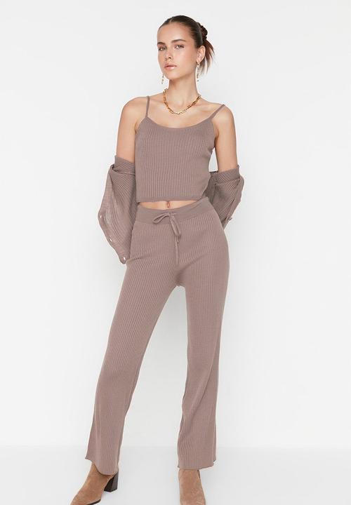 Trendyol - Fitillli Blouse Cardigan Pants Knitwear Bottom-Top Set  - Mink