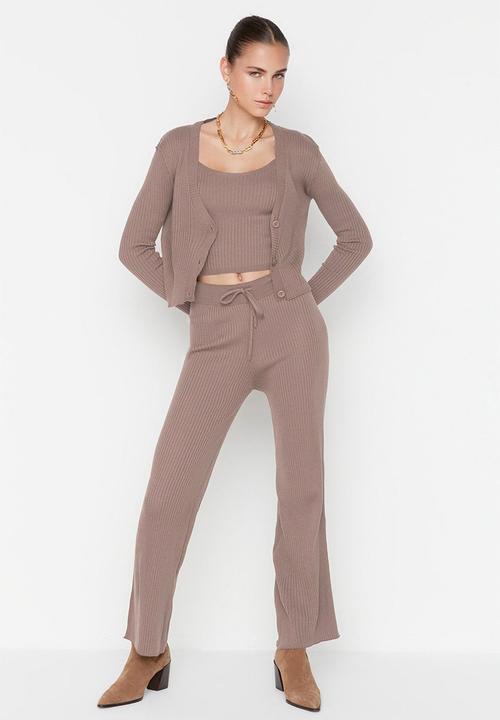 Trendyol - Fitillli Blouse Cardigan Pants Knitwear Bottom-Top Set  - Mink