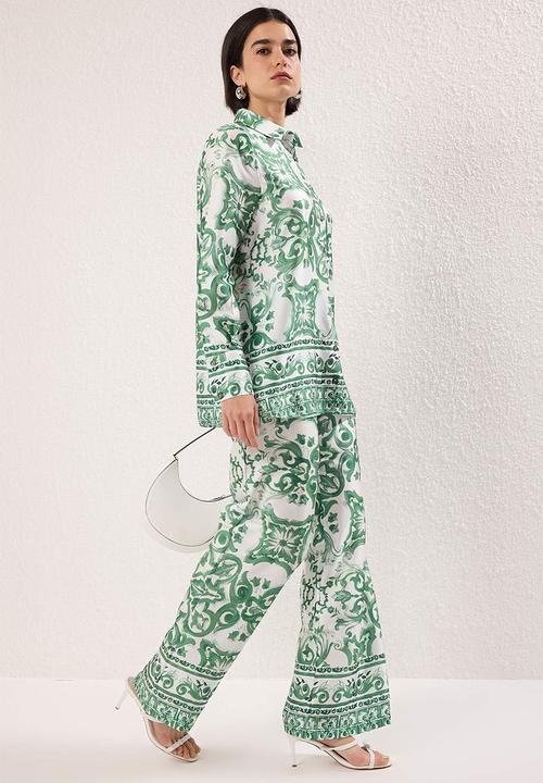 Trendyol - Patterned Satin Woven Bottom-Top Set - Mint