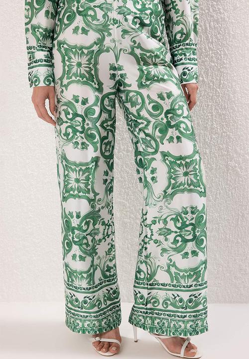 Trendyol - Patterned Satin Woven Bottom-Top Set - Mint