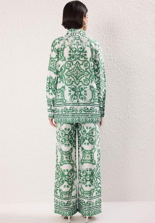 Trendyol - Patterned Satin Woven Bottom-Top Set - Mint