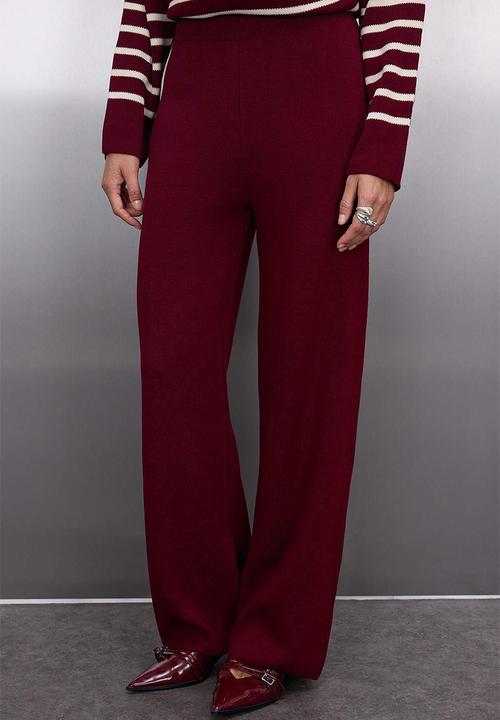Trendyol - Striped Collar Binding Detailed Sweater-Pants Knitwear Top and Bottom Set - Bordeaux
