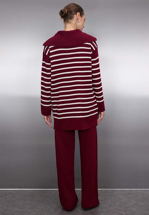 Trendyol - Striped Collar Binding Detailed Sweater-Pants Knitwear Top and Bottom Set - Bordeaux