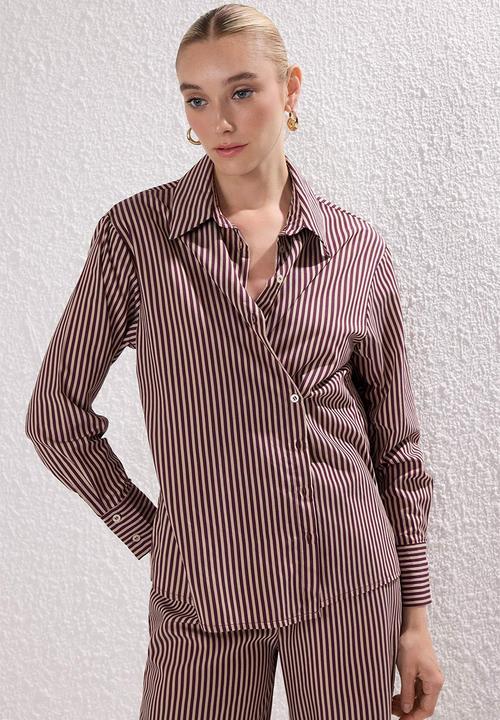 Trendyol - Striped Woven Button Closure Shirt Pants Bottom-Top Suit Set - Bordeaux