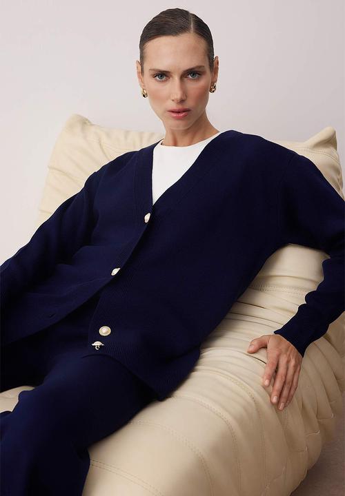 Trendyol - Pearl Button Cardigan-Pants Knitwear Bottom-Top Set - Navy Blue