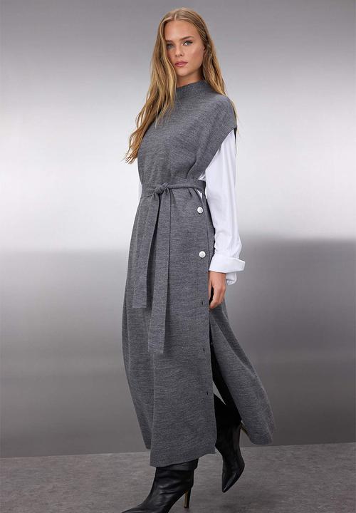 Trendyol - Button Detailed Knitwear Sweater Dress - Grey