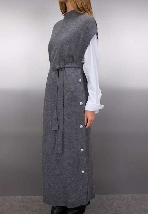 Trendyol - Button Detailed Knitwear Sweater Dress - Grey