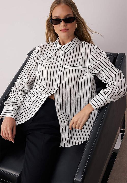 Trendyol - Collar Floral Detailed Striped Shirt - White