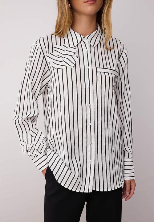 Trendyol - Collar Floral Detailed Striped Shirt - White