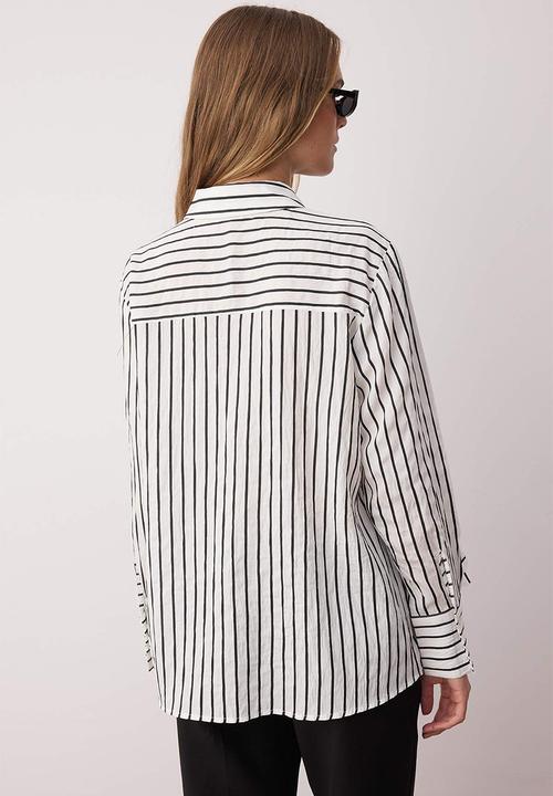 Trendyol - Collar Floral Detailed Striped Shirt - White