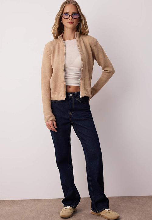 Trendyol - Zippe Stand Collar Soft Textured Knitwear Cardigan - Mink