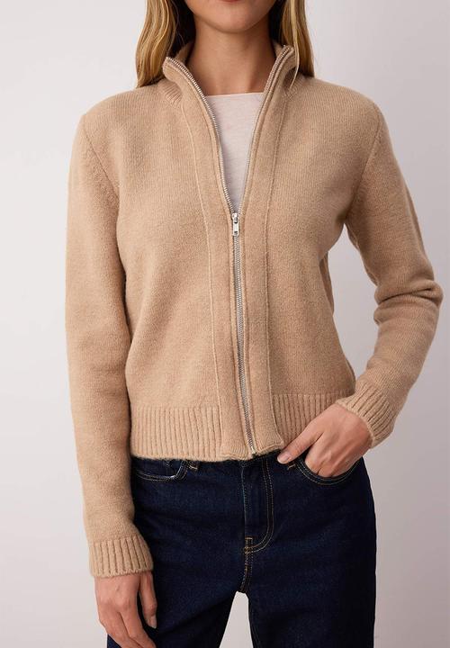 Trendyol - Zippe Stand Collar Soft Textured Knitwear Cardigan - Mink