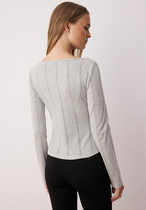 Trendyol - Slim Fit Pointel V Neck Slim Fit Stretchy Knitted Blouse - Grey Melange