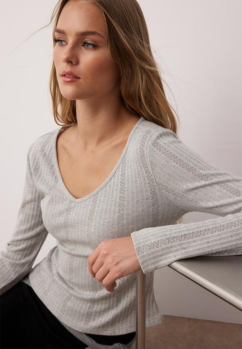 Trendyol - Slim Fit Pointel V Neck Slim Fit Stretchy Knitted Blouse - Grey Melange