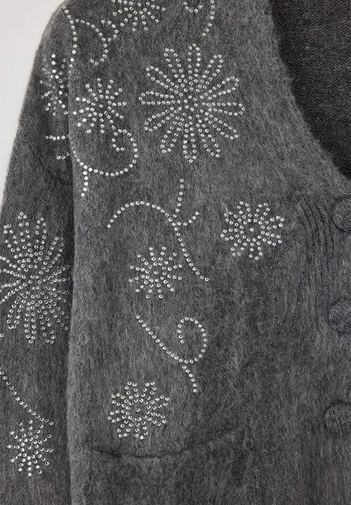 Trendyol - Soft Texture Wide Fit Stone Embroidered Knitwear Cardigan - Dark Grey