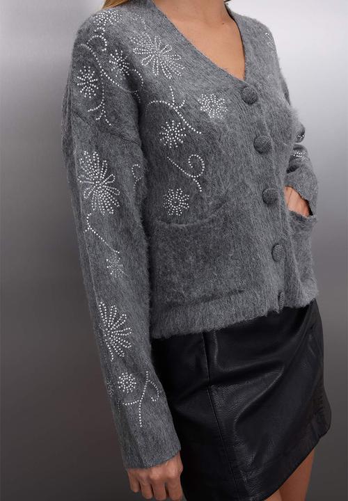 Trendyol - Soft Texture Wide Fit Stone Embroidered Knitwear Cardigan - Dark Grey