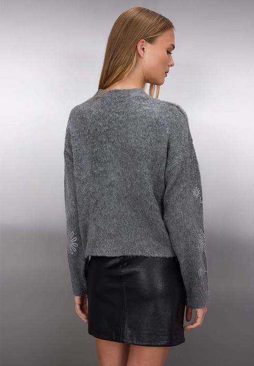 Trendyol - Soft Texture Wide Fit Stone Embroidered Knitwear Cardigan - Dark Grey