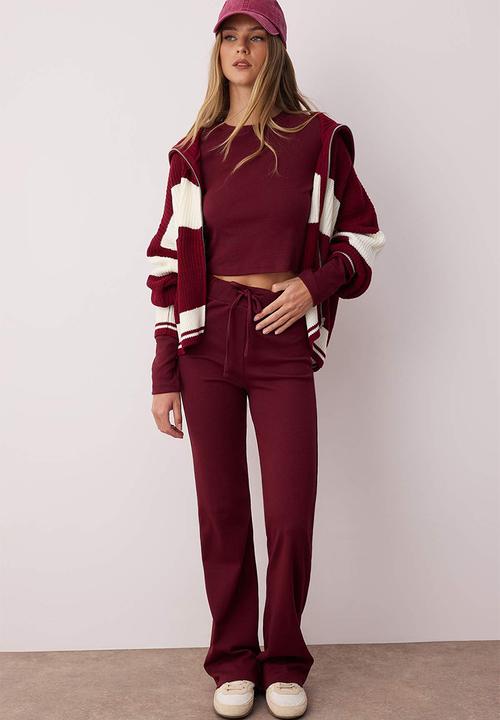 Trendyol - Slim/Fitted Knitted Top and Bottom Set - Bordeaux