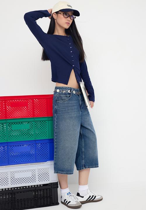 Trendyol - Buttoned Bodycon Stretchy Knitted Blouse - Navy Blue