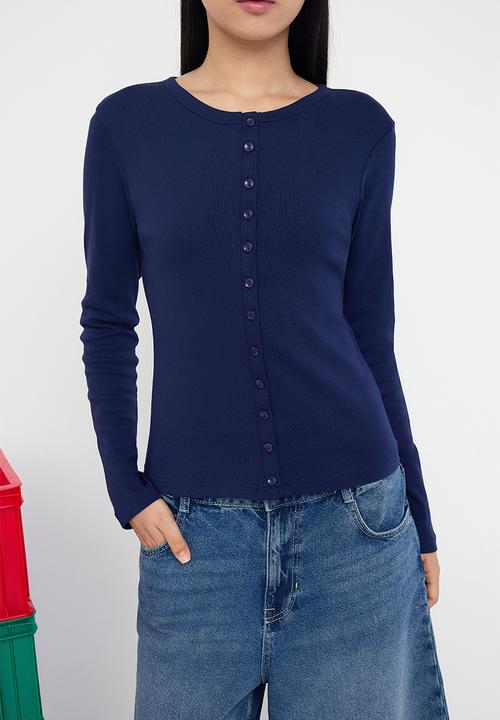 Trendyol - Buttoned Bodycon Stretchy Knitted Blouse - Navy Blue