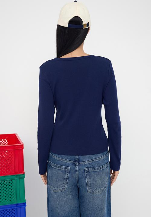 Trendyol - Buttoned Bodycon Stretchy Knitted Blouse - Navy Blue
