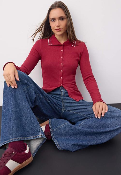 Trendyol - Piping Detailed Slim/Fitted Knitted Blouse - Burgundy