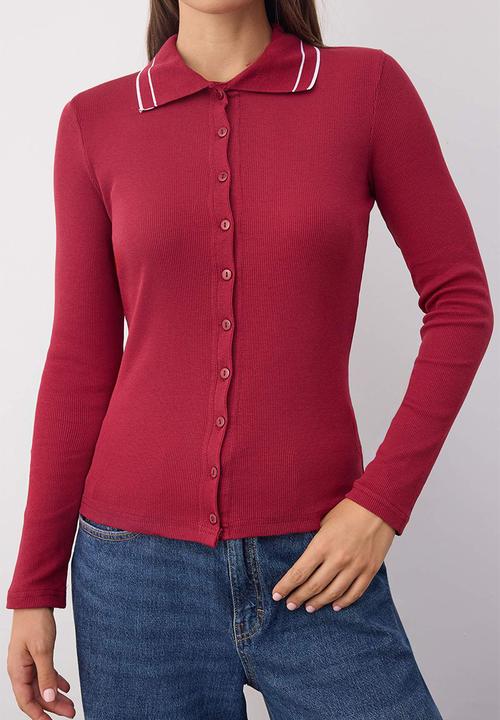 Trendyol - Piping Detailed Slim/Fitted Knitted Blouse - Burgundy