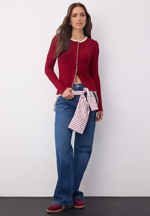 Trendyol - Block Button Knitted Blouse - Burgundy