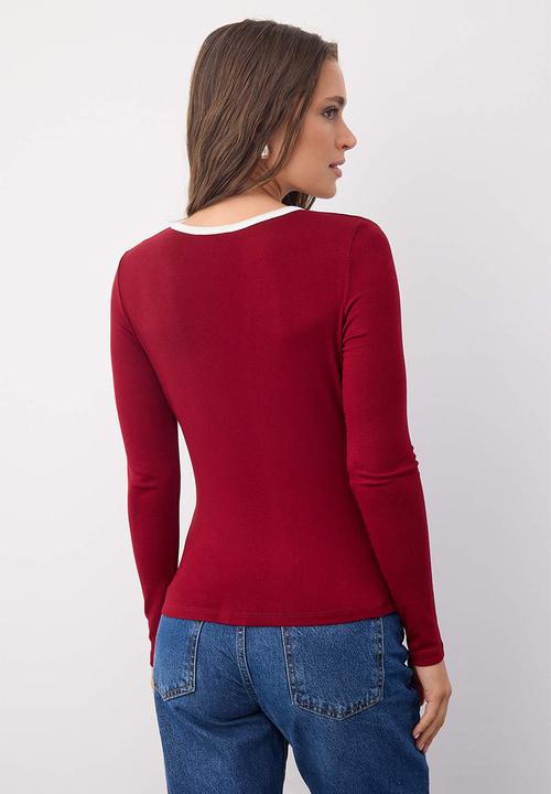 Trendyol - Block Button Knitted Blouse - Burgundy