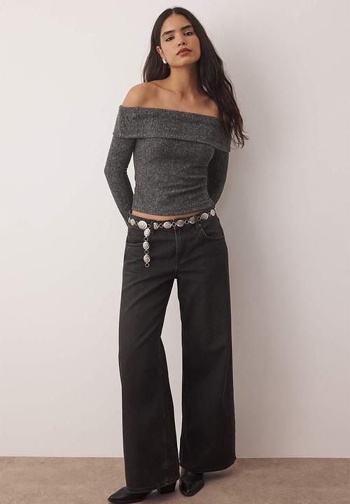 Trendyol - Carmen Collar Fitted/Slim Fit Knitted Blouse  - Anthracite