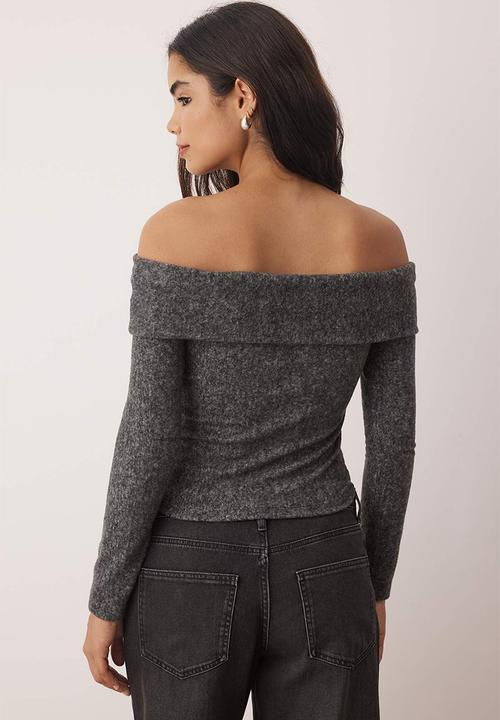 Trendyol - Carmen Collar Fitted/Slim Fit Knitted Blouse  - Anthracite