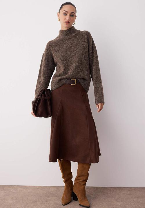 Trendyol - A-Line Woven Suede Midi Skirt  - Brown