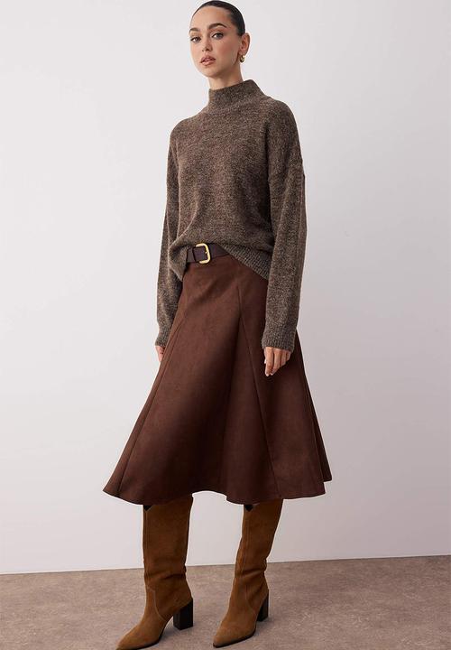 Trendyol - A-Line Woven Suede Midi Skirt  - Brown