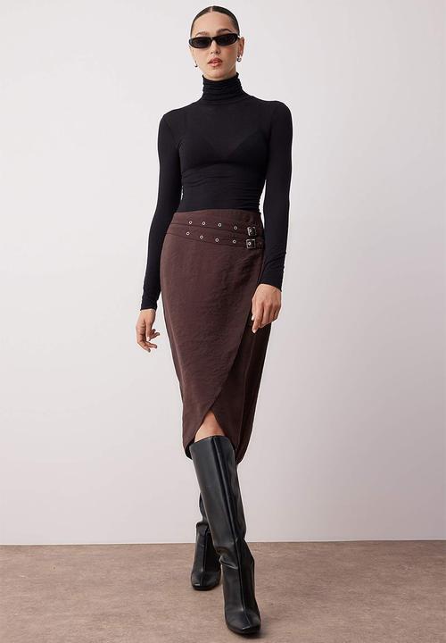 Trendyol - Belted Double Breasted Midi Woven Viscose Skirt - Dark Brown