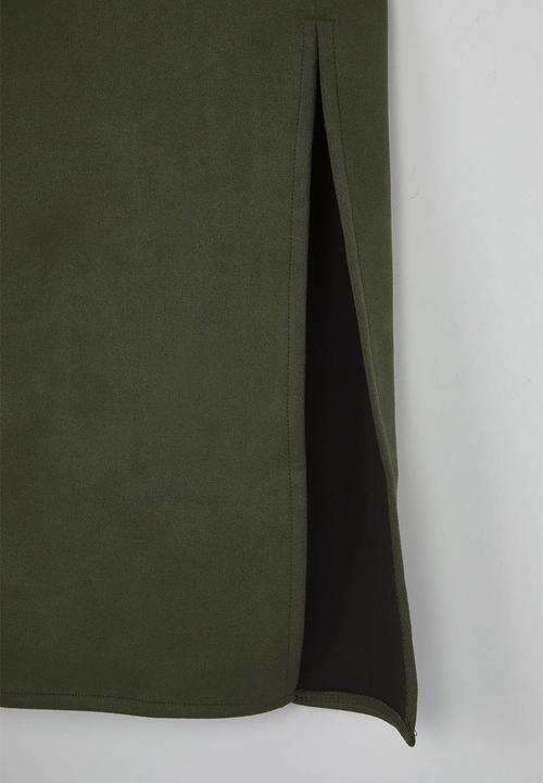 Trendyol - Suede Slit Knit Midi Pencil Skirt - Khaki
