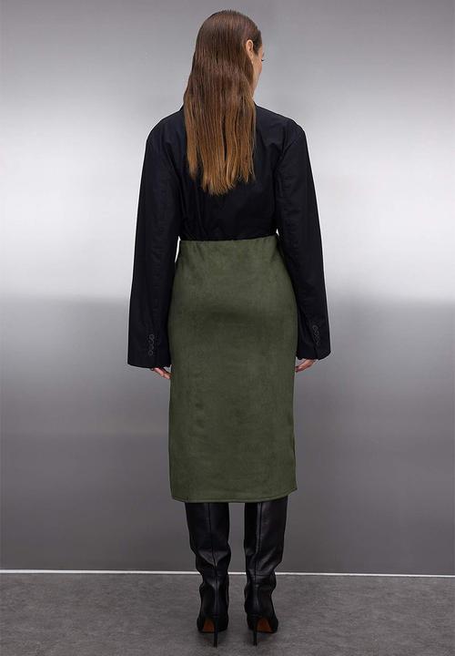 Trendyol - Suede Slit Knit Midi Pencil Skirt - Khaki