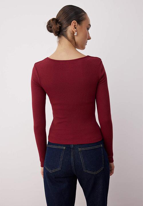 Trendyol - Bodycone/Fitted Crop Ribbed Stretchy Knitted Blouse - Burgundy