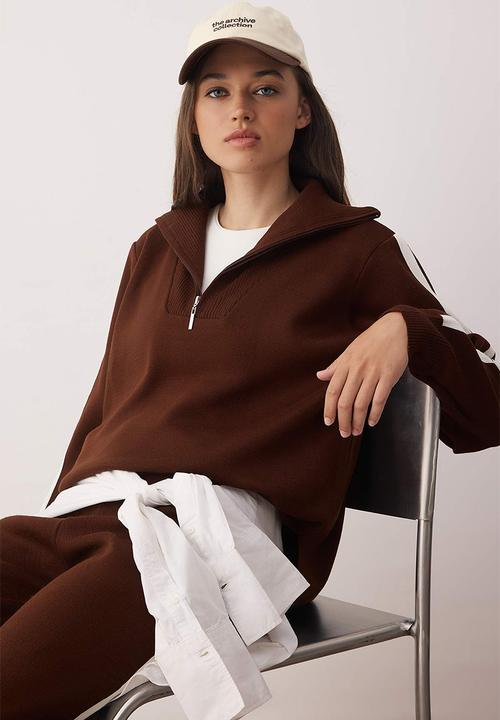 Trendyol - Zipper Stand Collar Sweater-Pants Knitwear Bottom - Top Set - Brown