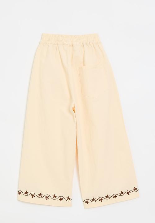 Pop Candy - Embroidered hem wide leg pants - light yellow