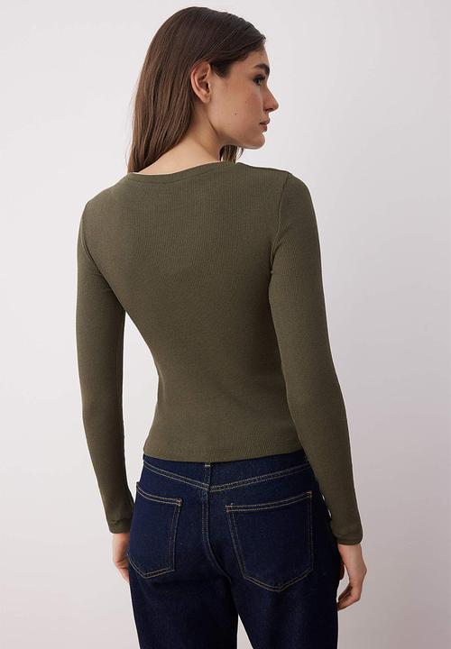 Trendyol - Piping Detail Crew Neck Ribbed Stretchy Knitted Blouse - Haki