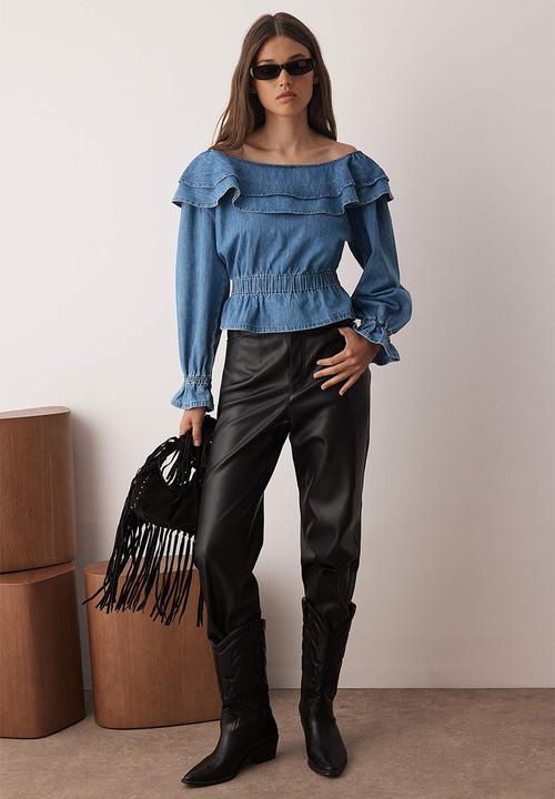 Trendyol - Denim Blouse with Frills - Blue