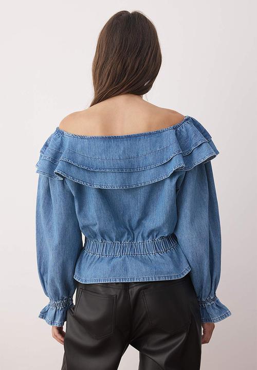 Trendyol - Denim Blouse with Frills - Blue