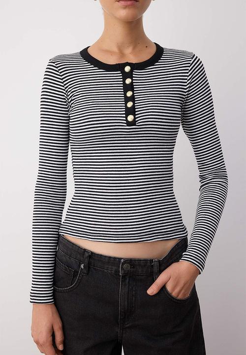 Trendyol - Button Fitted/Slim Fit Stretch Rib Knit Blouse - Black & White