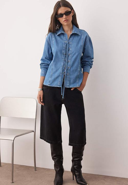 Trendyol - Eyelet Lacing Detailed Denim Shirt - Blue
