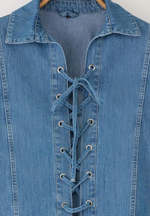 Trendyol - Eyelet Lacing Detailed Denim Shirt - Blue