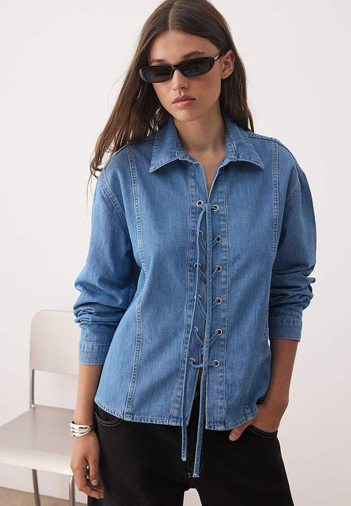 Eyelet Lacing Detailed Denim Shirt - Blue