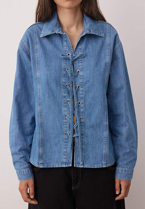 Trendyol - Eyelet Lacing Detailed Denim Shirt - Blue