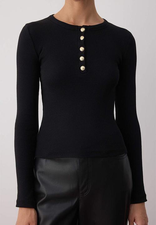 Trendyol - Button Fitted/Slim Fit Stretch Rib Knit Blouse - Black